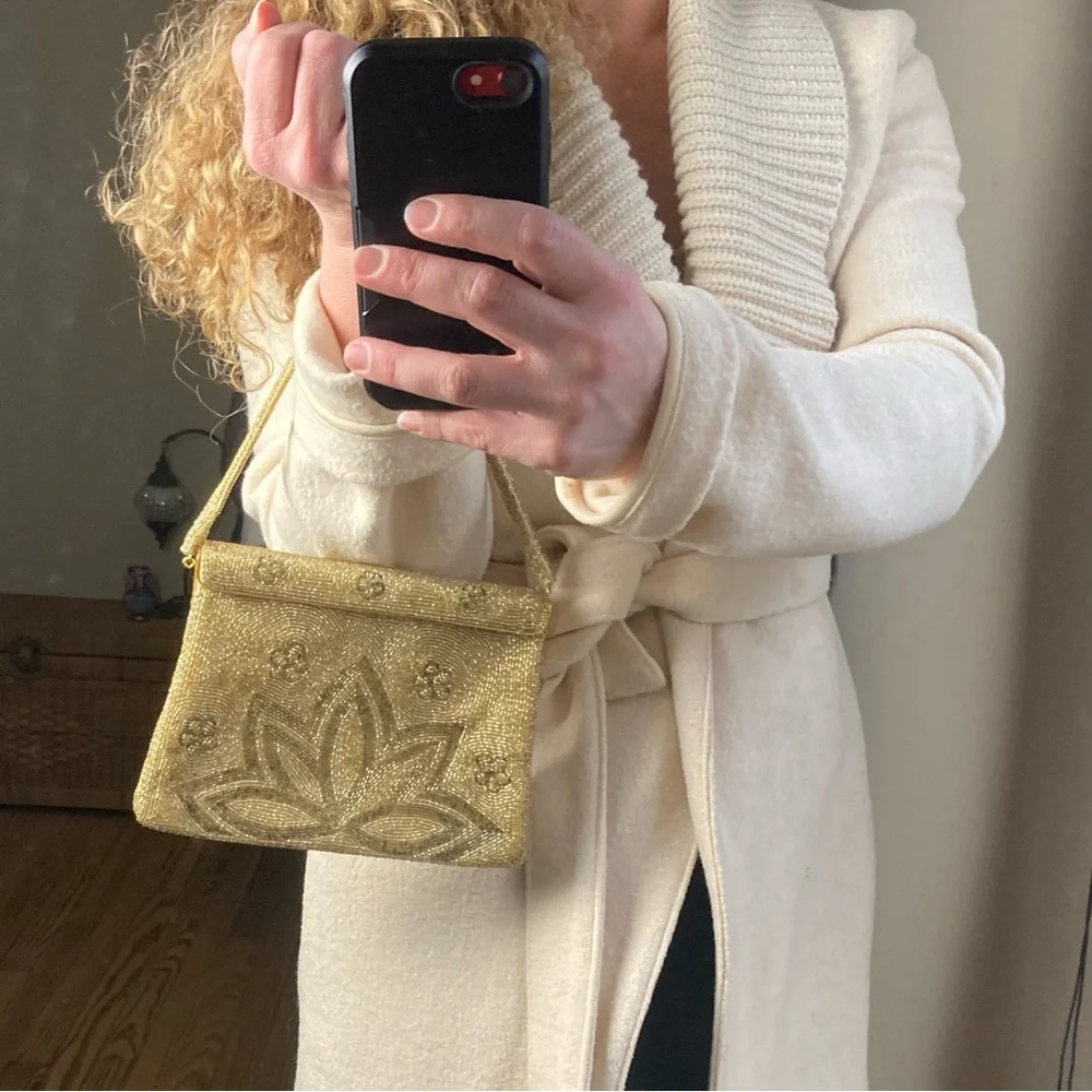 Vintage French DELILL Purse gold beaded lotus flower mini strap dainty art deco